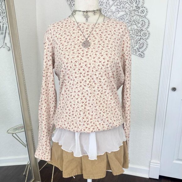 L.L. Bean Tops - L.L.Bean Early 2000's Cream Red Cottage Core Floral Cotton Longsleeve Top S